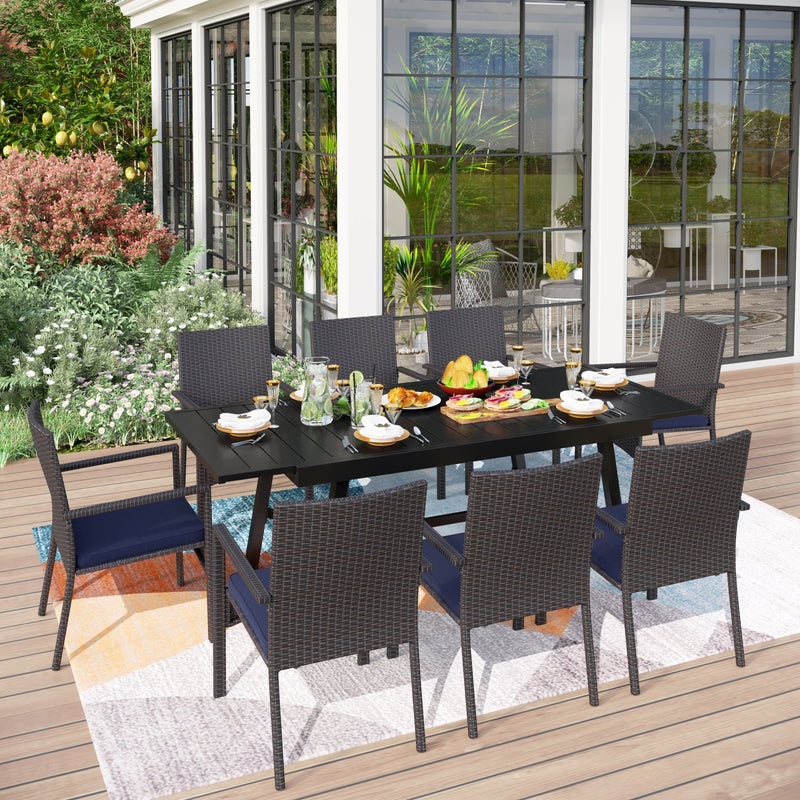 PHI VILLA 7 piece/ 9 piece Outdoor Dining Set With Rattan Cushioned Chairs & Extendable Steel Table