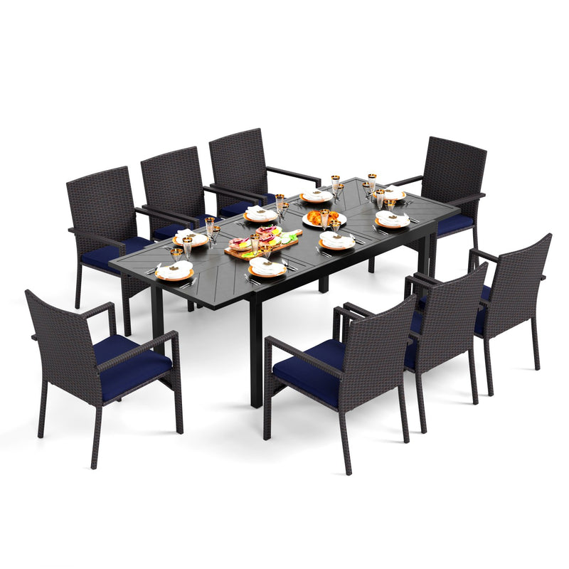 PHI VILLA 7 piece/ 9 piece Outdoor Dining Set With Rattan Cushioned Chairs & Extendable Steel Table
