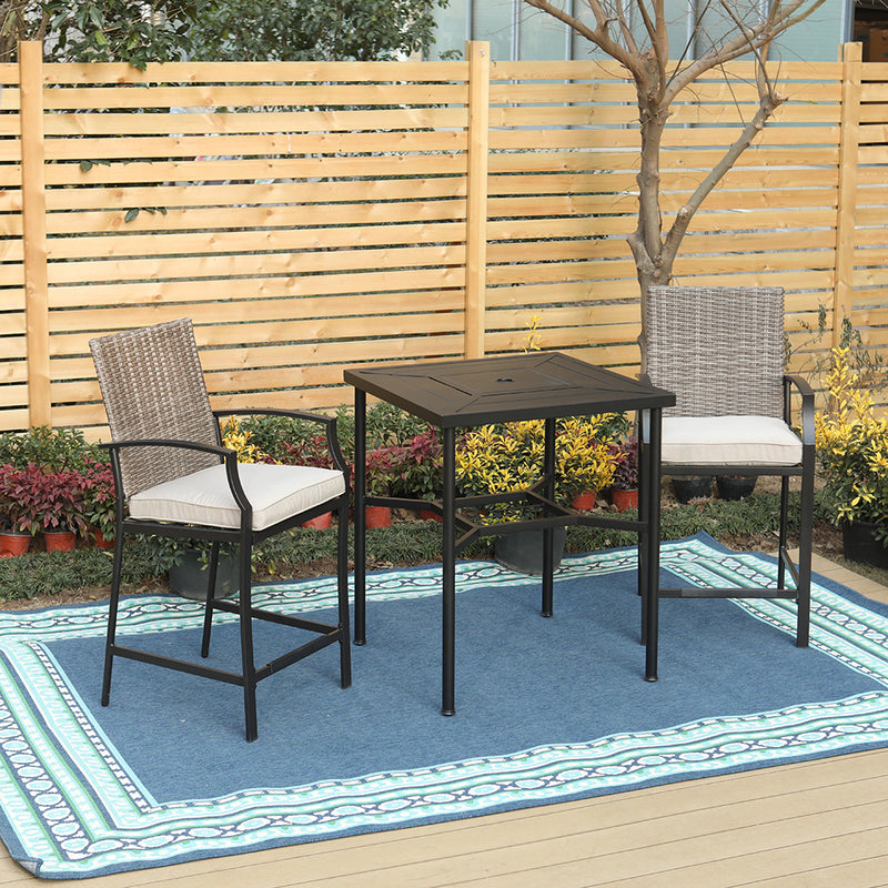 PHI VILLA Outdoor Bar Stool Set Rattan Chair Back Cushioned High Bar stools & High Table with Geometric Pattern