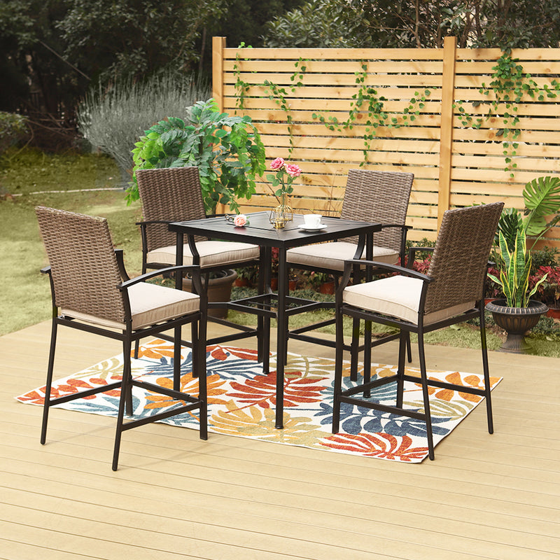 PHI VILLA Outdoor Bar Stool Set Rattan Chair Back Cushioned High Bar stools & High Table with Geometric Pattern
