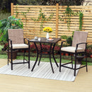 PHI VILLA Outdoor High Bar Stool Set Rattan Back & Cushioned Seat Bar stool & Steel High Table