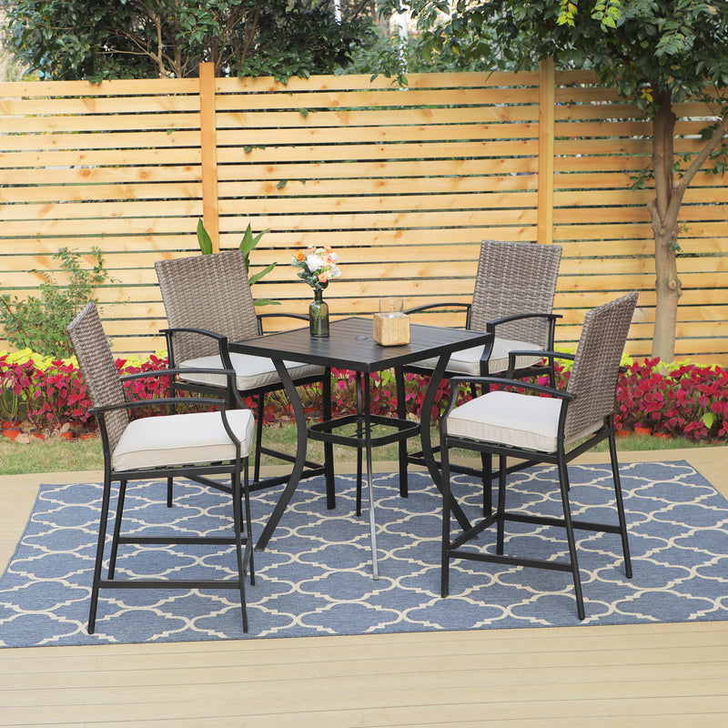 PHI VILLA Outdoor High Bar Stool Set Rattan Back & Cushioned Seat Bar stool & Steel High Table