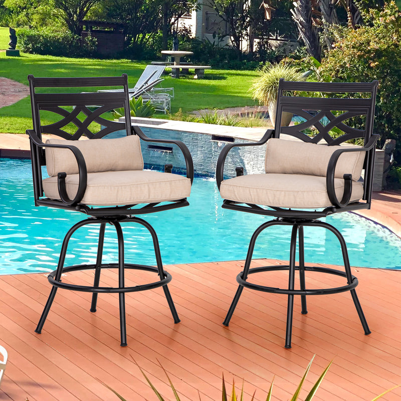 PHI VILLA Outdoor Steel Swivel Cushioned Bar Stools With Pillows