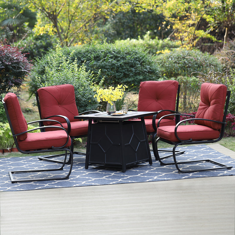 PHI VILLA Patio Fire Pit Set with 4 Cushioned C-spring Chairs & 28" TerraFab Gas Fire Pit Table