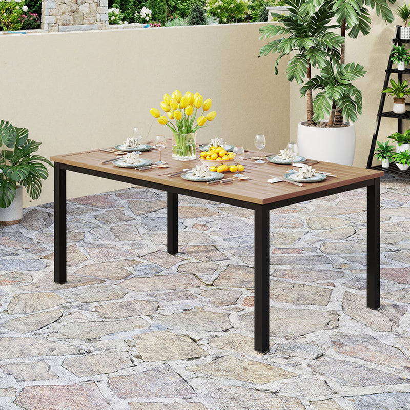 PHI VILLA Patio Wood-Like Rectangle Steel Dining Table