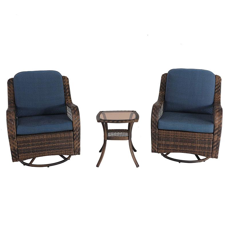 PHI VILLA Blue Rattan Swivel Rocking Chairs 3 PC Patio Conversation Set