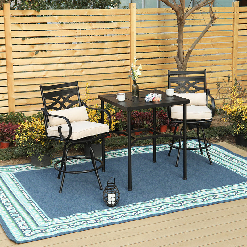 PHI VILLA Outdoor Bar Stools Set with Steel Swivel Cushioned Bar Stools and High Table with Geometric Patterns