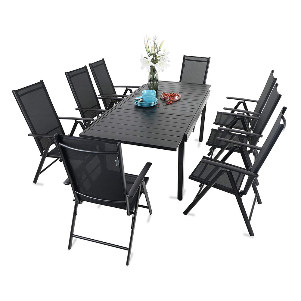 Phi Villa Patio 7/9 Piece Dining Set with Black Folding Sling Chairs & Steel Table