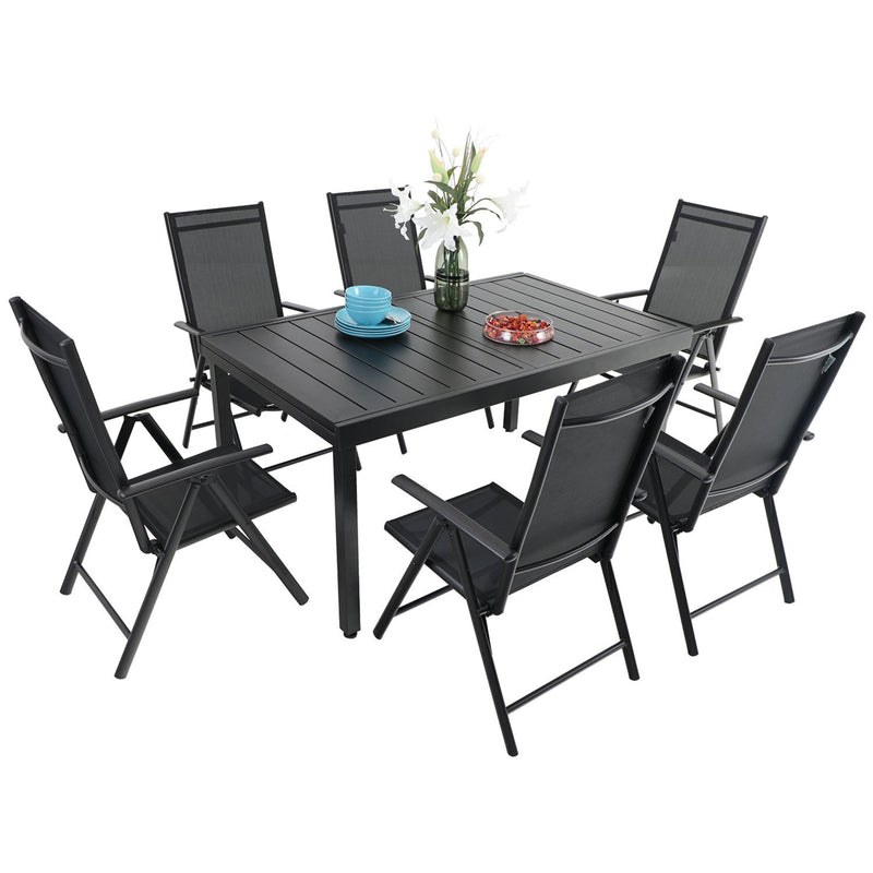 Phi Villa Patio Dining Set Black with Reclining Folding Sling Chair