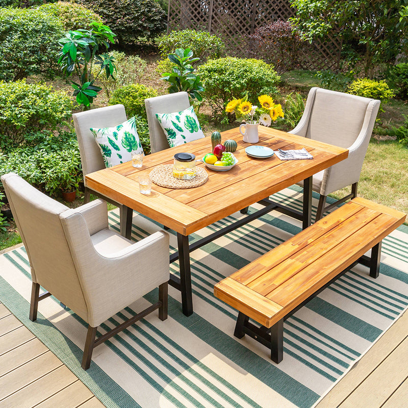 PHI VILLA Patio Dining Set with Textilene Chairs/ Acacia Wooden Bench & Acacia Wooden Table