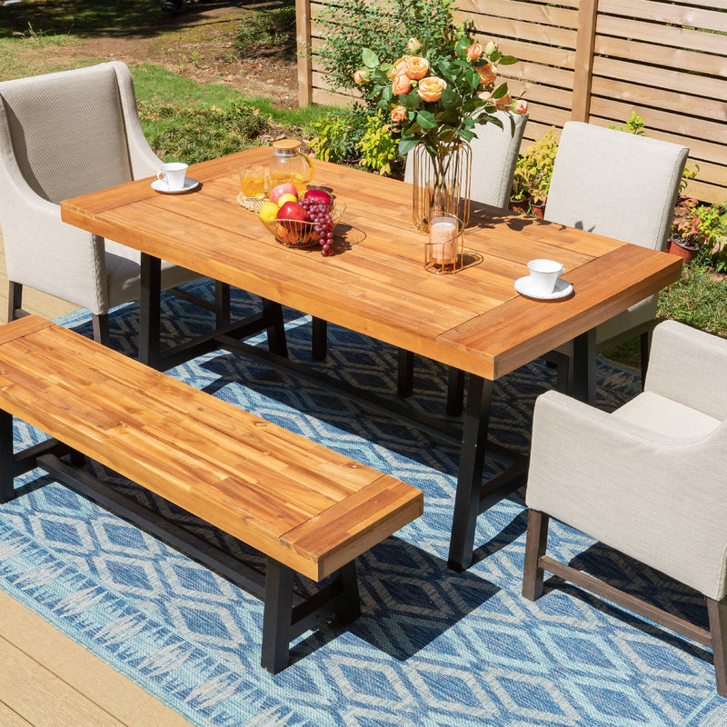 PHI VILLA Patio Dining Set with Textilene Chairs/ Acacia Wooden Bench & Acacia Wooden Table