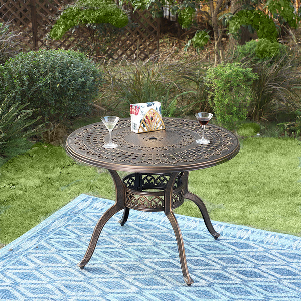 bronze cast aluminum patio table with umbrella hole VIVIJASON Outdoor 61" Dining for 6-8 Person, Large Patio Round Dining Table Lazy Susan, Dark Rustic Patio Table with 2" for Balcony, Porch the heavy Withniture Outdoor Table with Umbrella