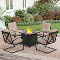 PHI VILLA 5-Piece Patio Fire Pit Set C-Spring Chairs With Cushions &  28” 40000BTU TerraFab Square Fire Pit Table
