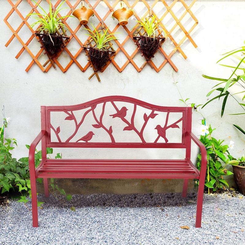 Phi Villa 50" Patio Garden and Park Bench, Steel Frame Porch Chair Seat, Red