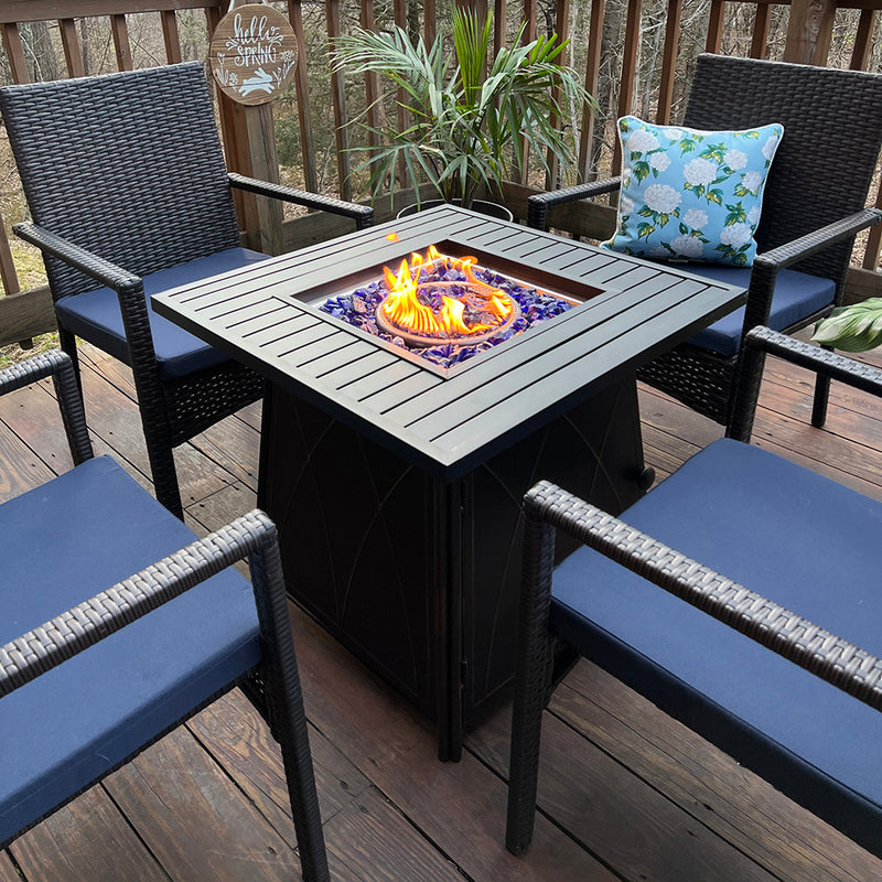 PHI VILLA 28 Inch 50,000BTU Patio Metal Gas Fire Pit Table With Lid & Blue Fire Glass