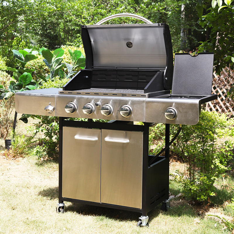 Captiva Designs Patio Outdoor Portable Propane BBQ Gas Grill with 4 * 8000 BTU Grilling Burners and 10,000 Side Burner