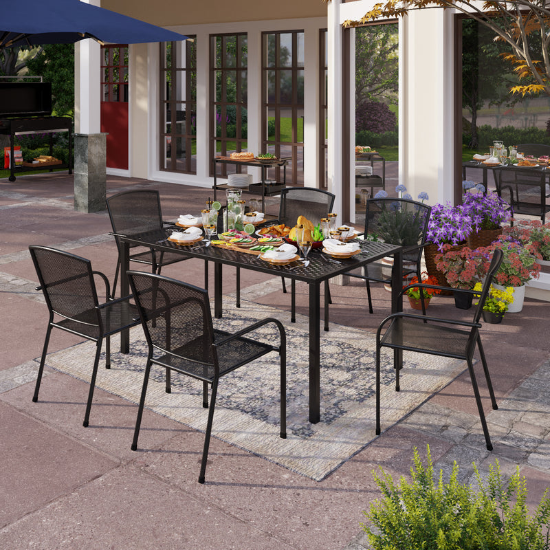 Phi Villa 7-Piece Outdoor Dining Set 6 Mesh Fixed Chairs & Steel Rectangle Table