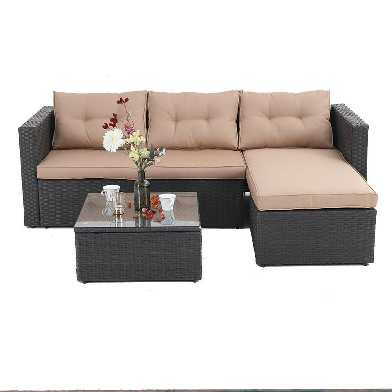 PHI VILLA 3-Piece Patio L-Shaped Rattan Sectional Sofa Set With Cushions