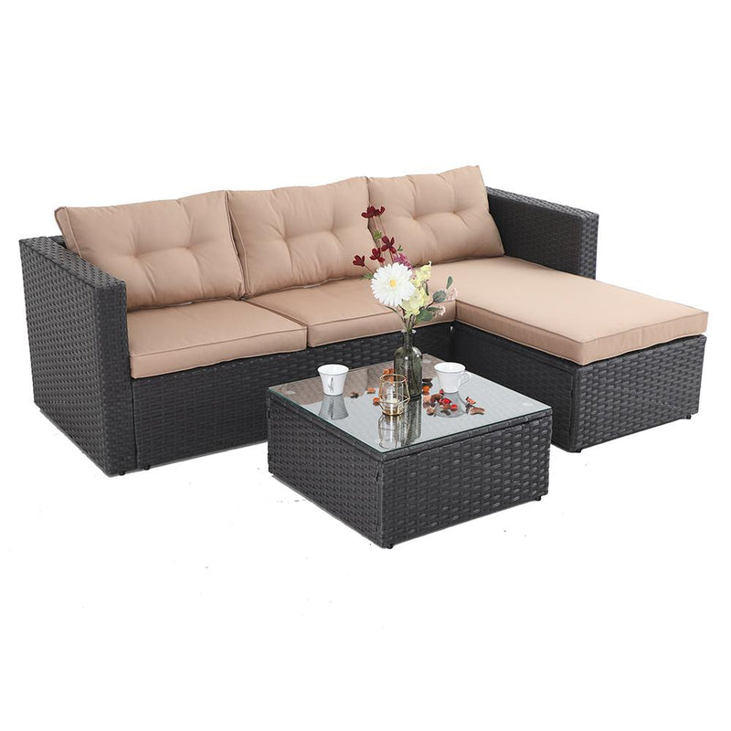 PHI VILLA 3-Piece Patio L-Shaped Rattan Sectional Sofa Set With Cushions