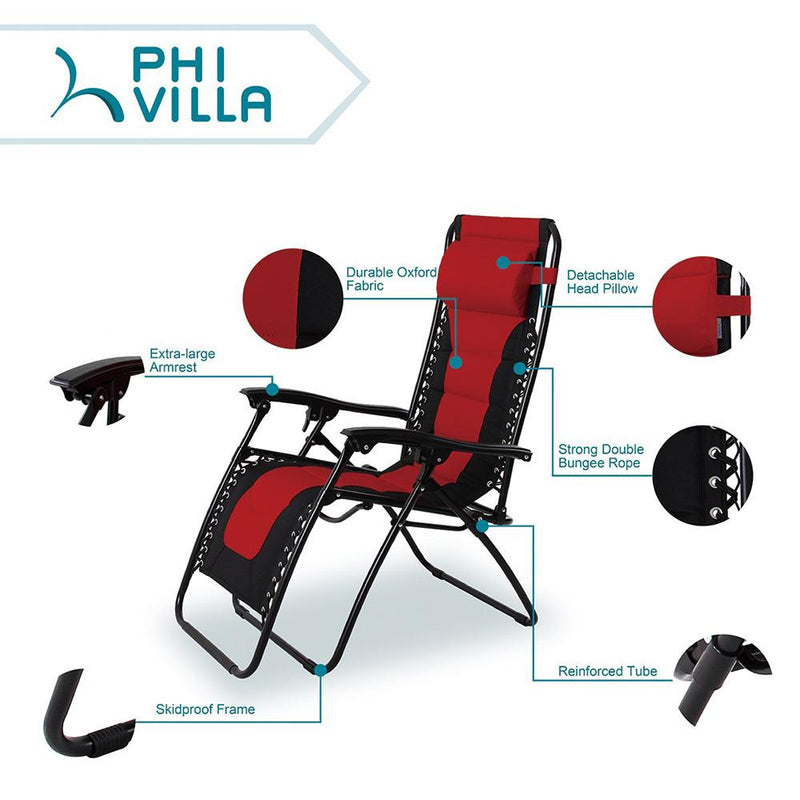 PHI VILLA Padded Zero Gravity Chair Adjustable Recliner With Cup Holder