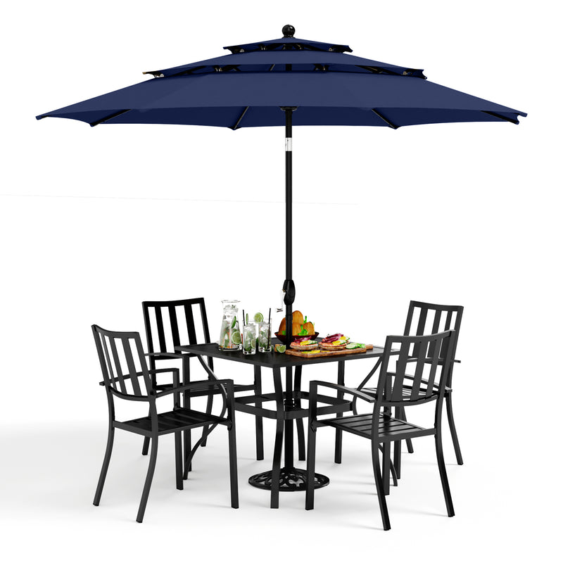 PHI VILLA 6-Piece Outdoor Dining Set with 10ft Umbrella & Steel Square Table & Steel Fixed Chairs