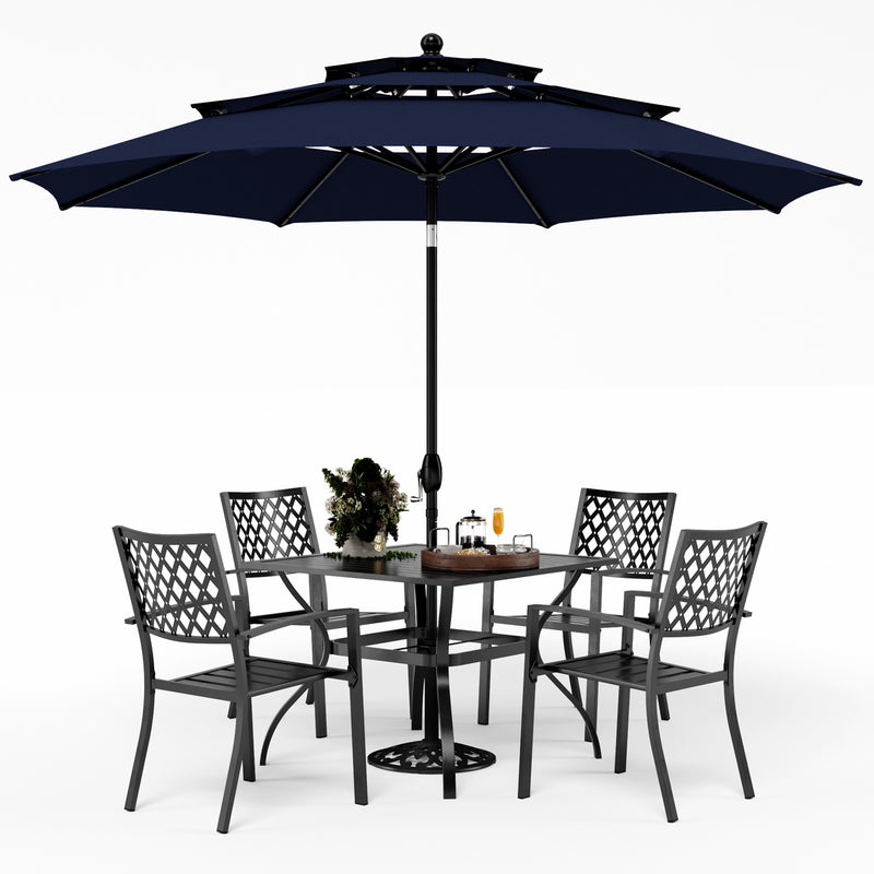 PHI VILLA 6-Piece Outdoor Dining Set with 10ft Umbrella & Steel Square Table & Steel Fixed Chairs