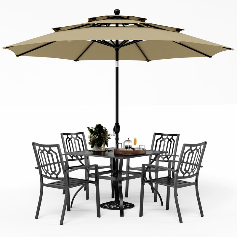 PHI VILLA 6-Piece Outdoor Dining Set with 10ft Umbrella & Steel Square Table & Steel Fixed Chairs