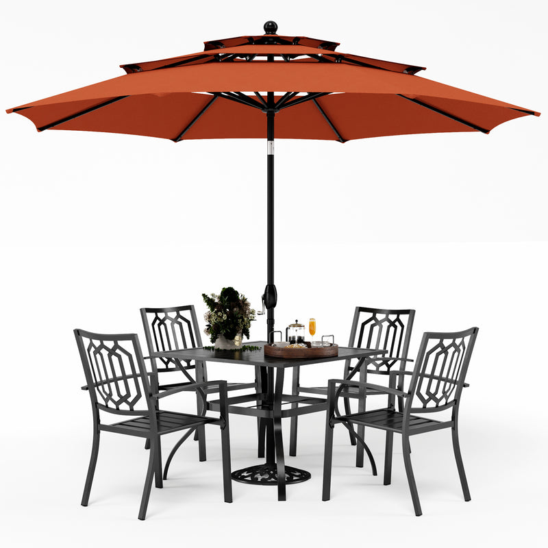 PHI VILLA 6-Piece Outdoor Dining Set with 10ft Umbrella & Steel Square Table & Steel Fixed Chairs
