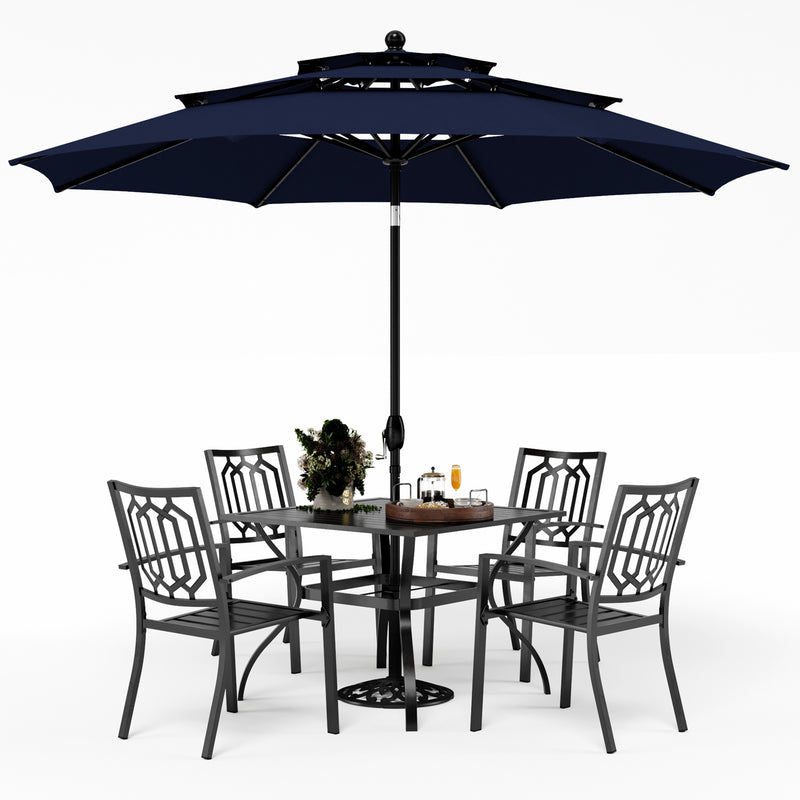 PHI VILLA 6-Piece Outdoor Dining Set with 10ft Umbrella & Steel Square Table & Steel Fixed Chairs