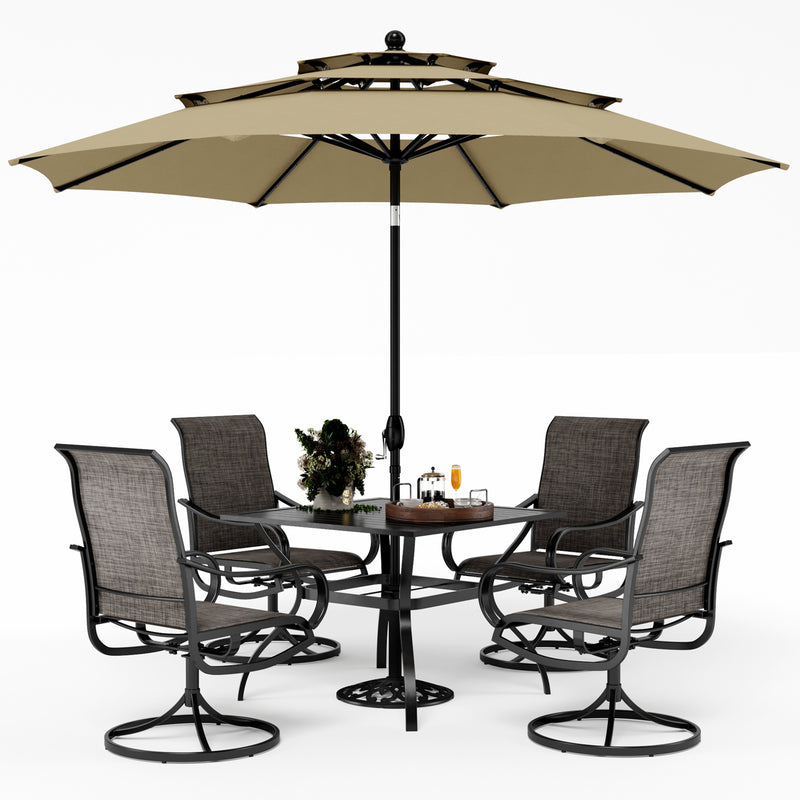 PHI VILLA 6-Piece Patio Dining Set with 10ft Umbrella & Square Table & Textilene Swivel Chairs