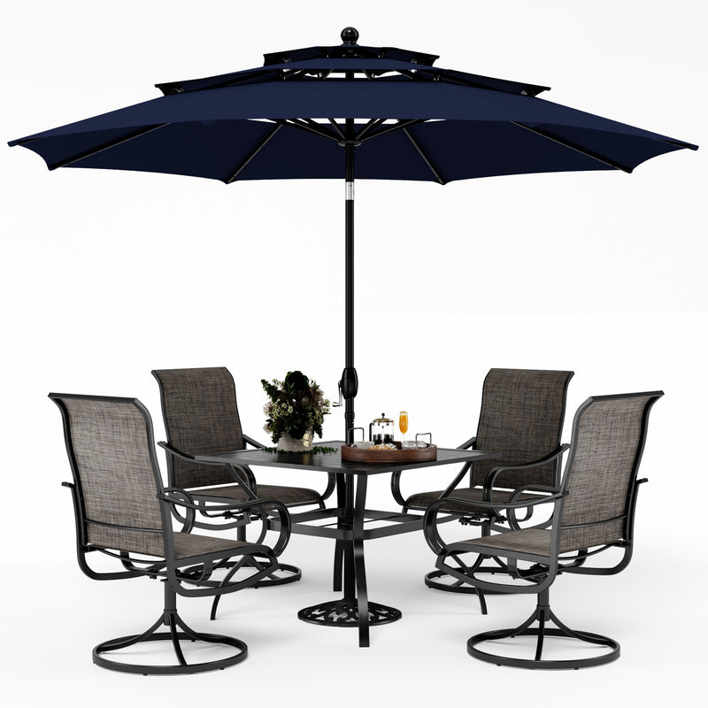 PHI VILLA 6-Piece Patio Dining Set with 10ft Umbrella & Square Table & Textilene Swivel Chairs