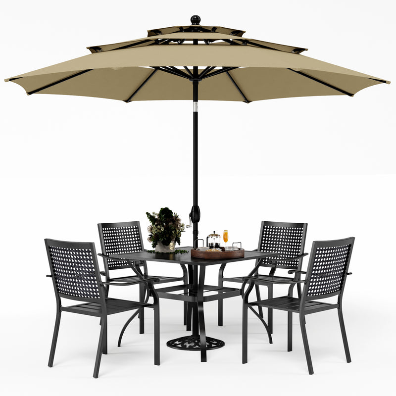 PHI VILLA 6-Piece Patio Dining Set with 10ft Umbrella & Steel Square Table & Bullseye Pattern Fixed Steel Chairs