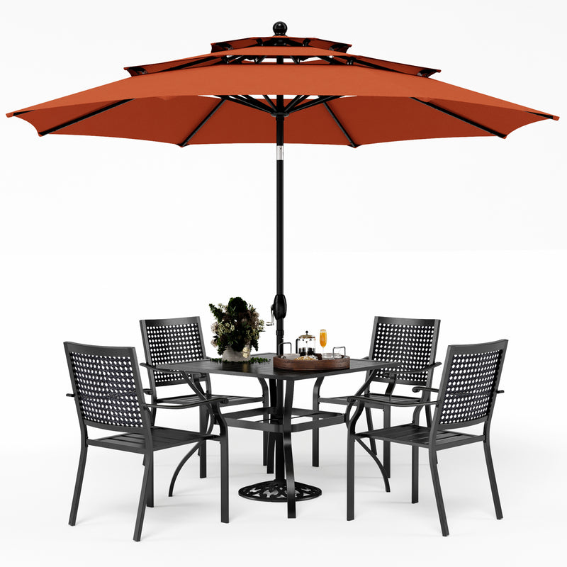 PHI VILLA 6-Piece Patio Dining Set with 10ft Umbrella & Steel Square Table & Bullseye Pattern Fixed Steel Chairs