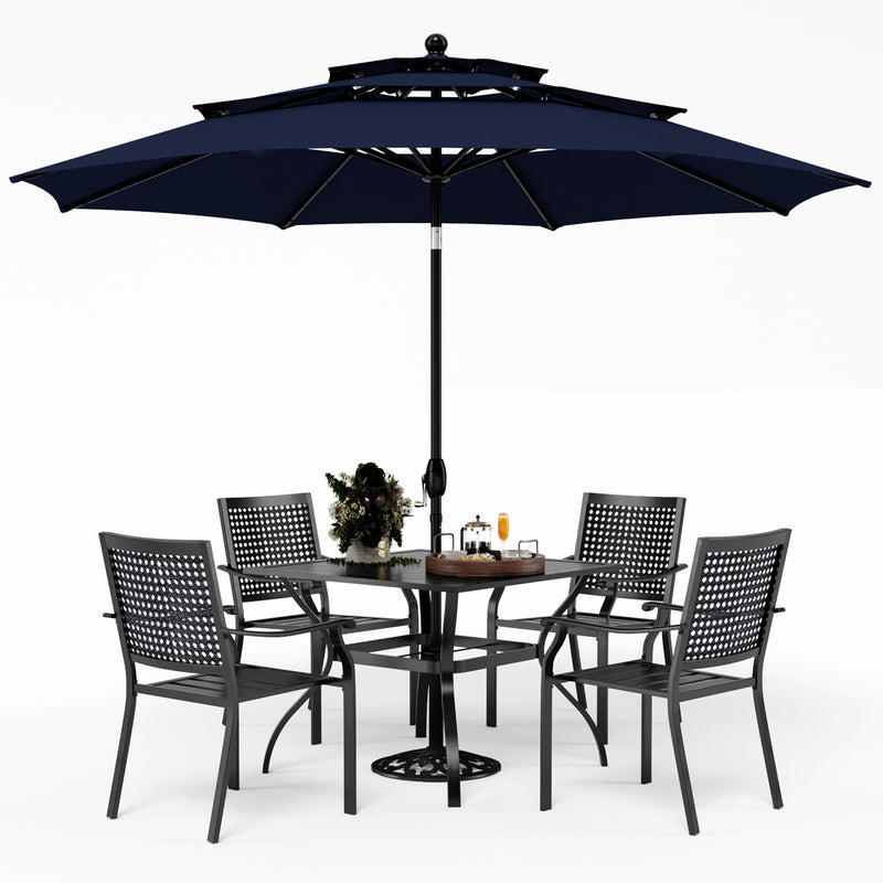 PHI VILLA 6-Piece Patio Dining Set with 10ft Umbrella & Steel Square Table & Bullseye Pattern Fixed Steel Chairs