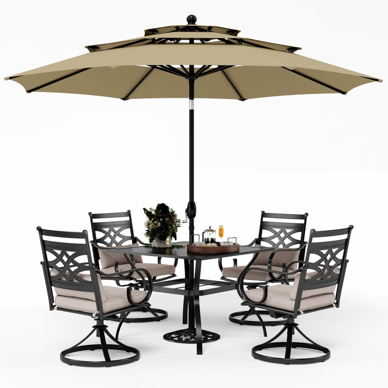 PHI VILLA 6-Piece Outdoor Dining Set with 10ft Umbrella & Steel Square Table & Swivel Steel Chairs