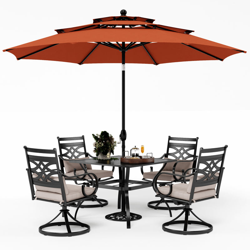PHI VILLA 6-Piece Outdoor Dining Set with 10ft Umbrella & Steel Square Table & Swivel Steel Chairs