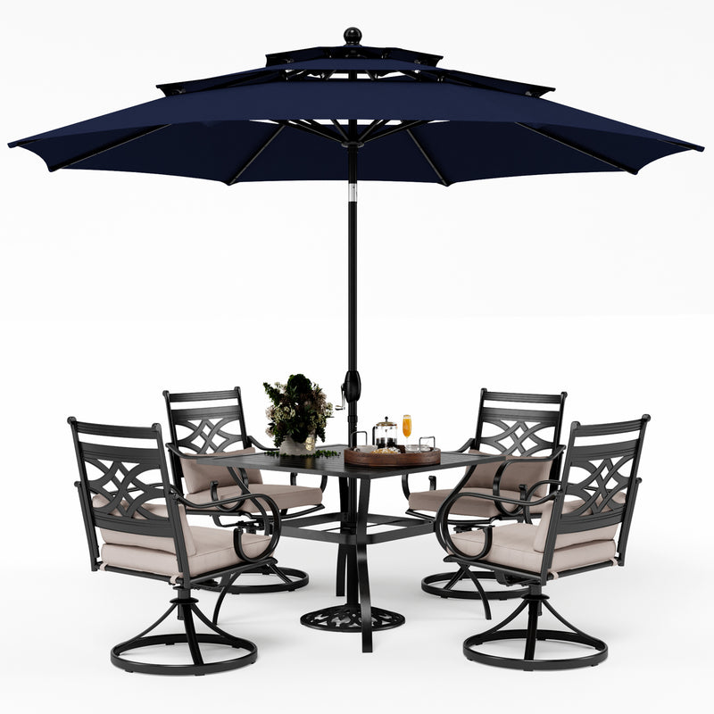 PHI VILLA 6-Piece Outdoor Dining Set with 10ft Umbrella & Steel Square Table & Swivel Steel Chairs