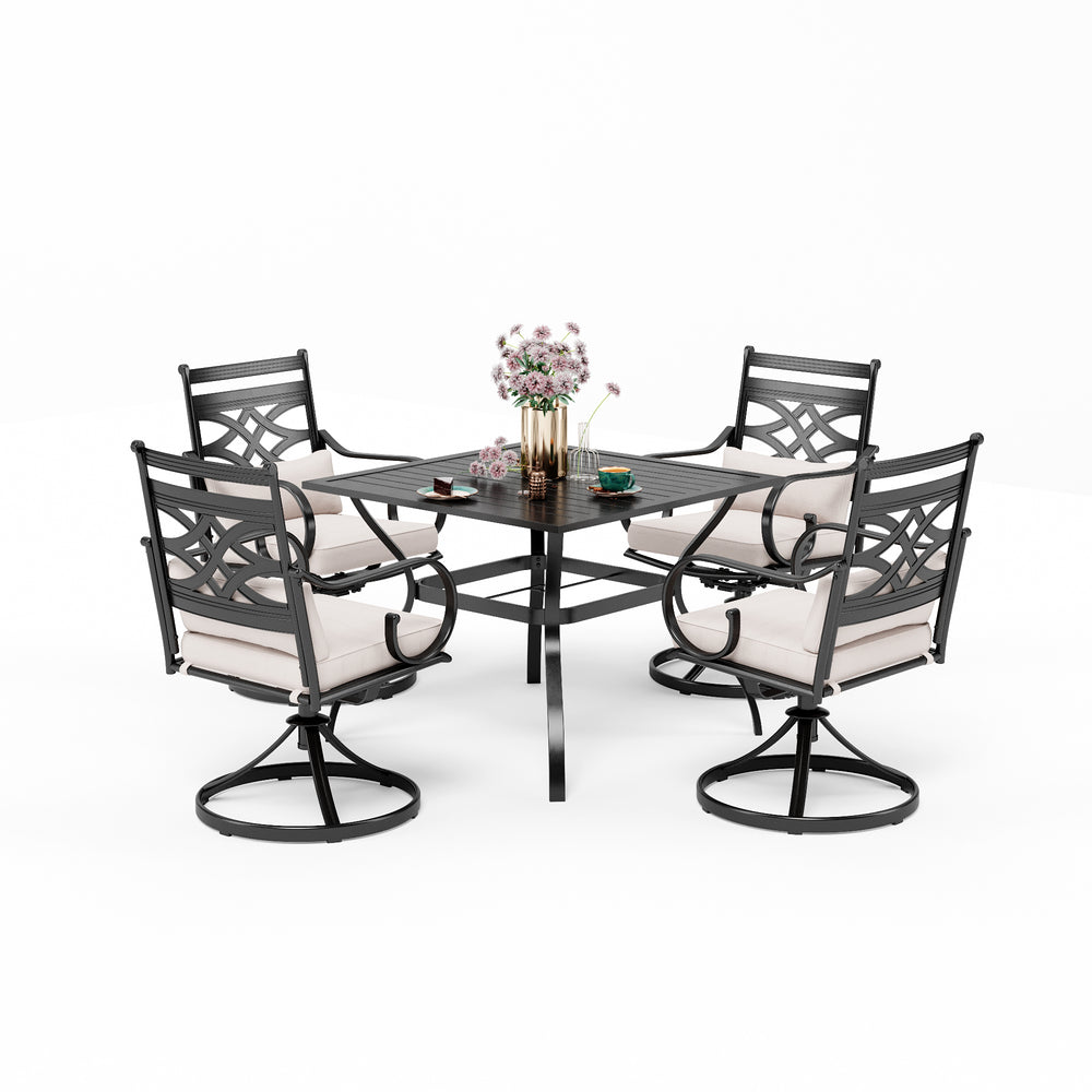 PHI VILLA 5-Piece Outdoor Dining Set 4 Swivel Steel Chairs and Square Table