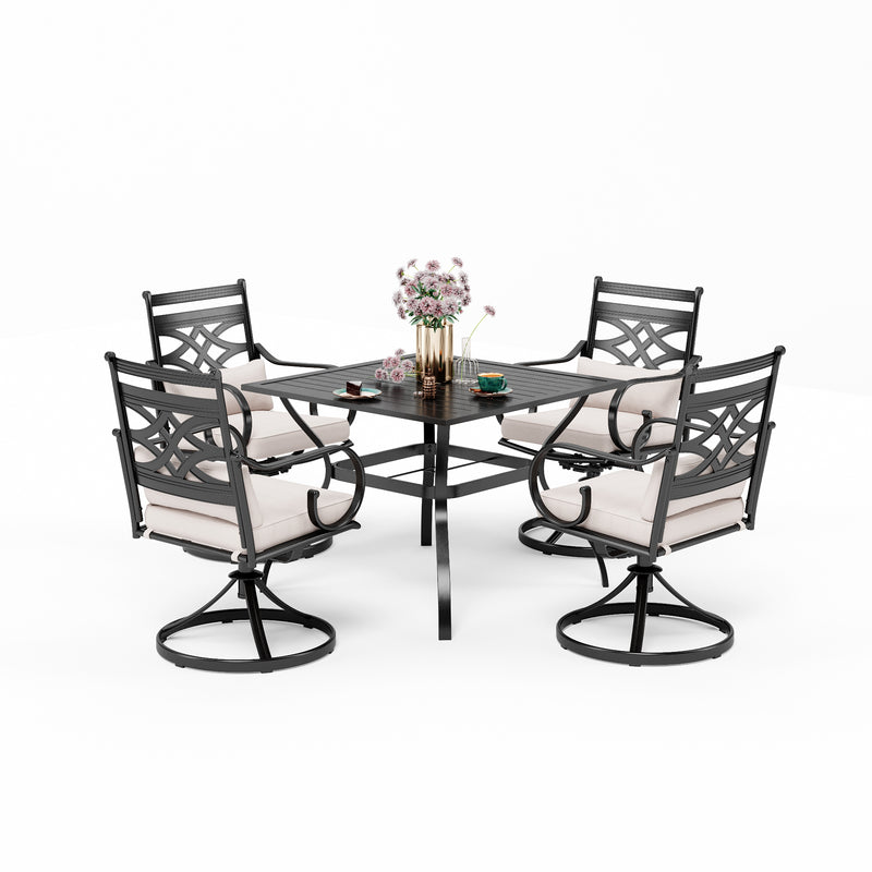 PHI VILLA 5-Piece Outdoor Dining Set 4 Swivel Steel Chairs and Square Table