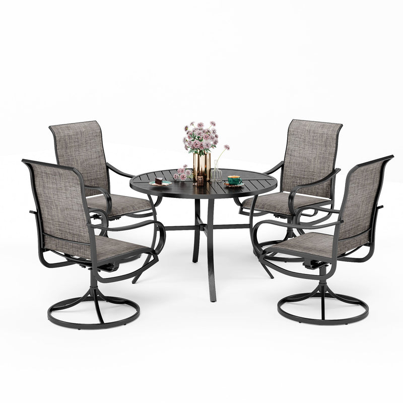 PHI VILLA 5-Piece Outdoor Dining Set Slat Steel Round Table & Textilene Swivel Chairs