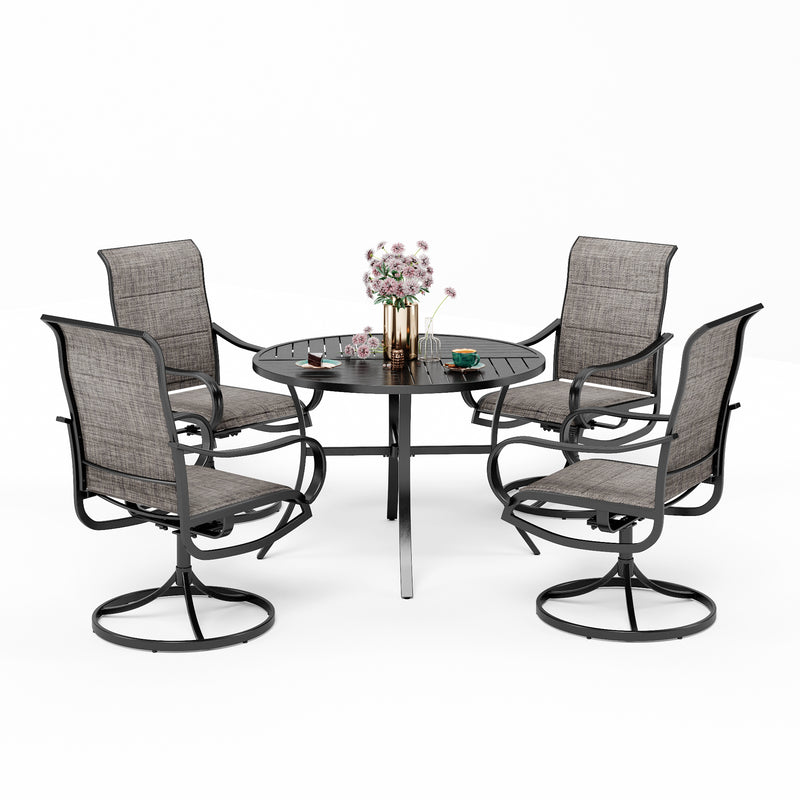 PHI VILLA 5-Piece Patio Dining Set Padded Textilene Swivel Chairs & Slat Steel Round Table