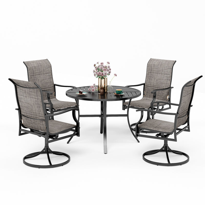 PHI VILLA 5-Piece Patio Dining Set Padded Textilene Swivel Chairs & Slat Steel Round Table