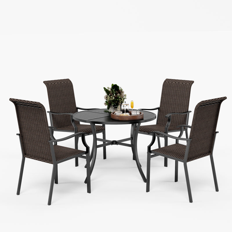 PHI VILLA 5-Piece Patio Dining Set with Round Steel Slat Table & 4 Rattan Fixed Chairs