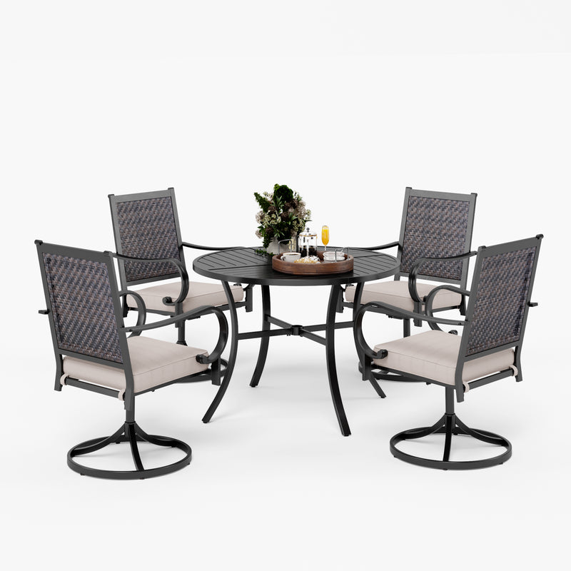 PHI VILLA 5-piece Patio Dining Set with Round Steel Slat Table & 4 Rattan Swivel Chairs