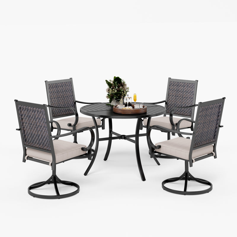 PHI VILLA 5-piece Patio Dining Set with Round Steel Slat Table & 4 Rattan Swivel Chairs