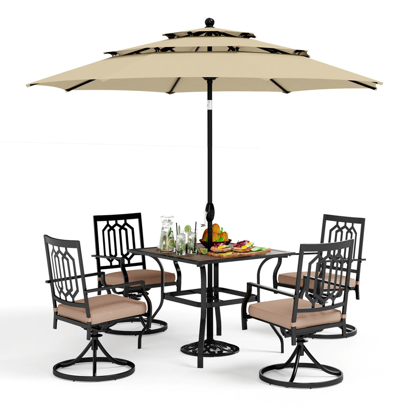 PHI VILLA 6-Piece Outdoor Dining Set with 10ft Umbrella & Wood-Look Square Table & Swivel Metal Steel Chairs