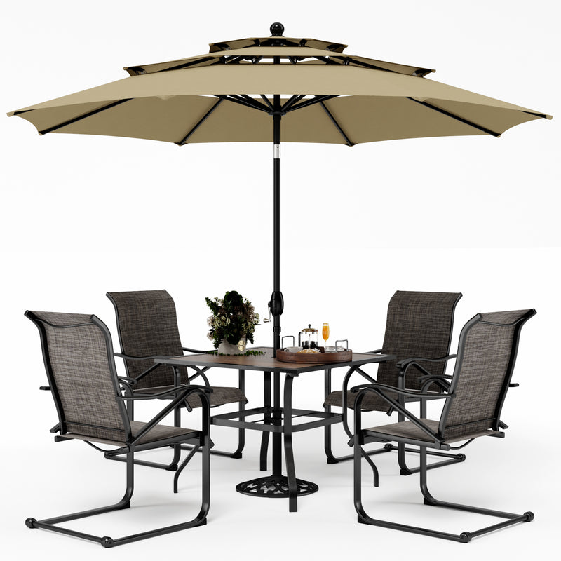 PHI VILLA 6-Piece Patio Dining Set with 10ft Umbrella & Wood-Look Square Table & C-Spring Textilene Chairs