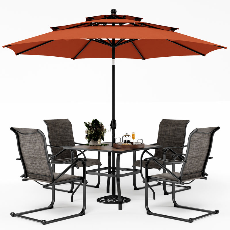 PHI VILLA 6-Piece Patio Dining Set with 10ft Umbrella & Wood-Look Square Table & C-Spring Textilene Chairs