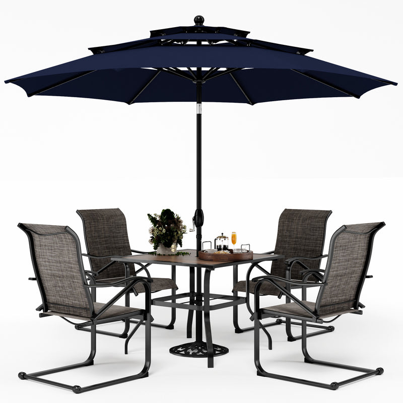 PHI VILLA 6-Piece Patio Dining Set with 10ft Umbrella & Wood-Look Square Table & C-Spring Textilene Chairs