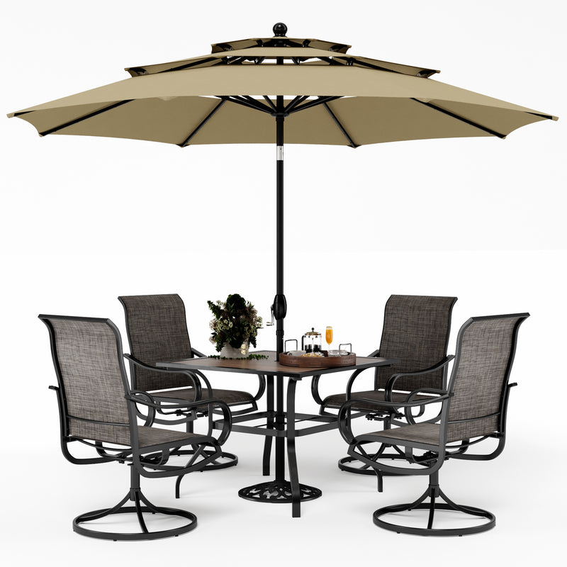 PHI VILLA 6-Piece Patio Dining Set with 10ft Umbrella & Square Table & Textilene Swivel Chairs